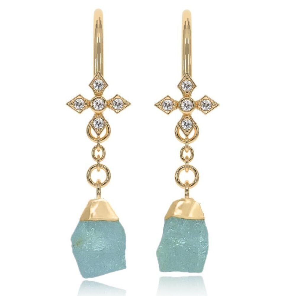 4004 Aquamarine Earrings Raw Stone Dangle Drop Shape - 18K Gold Vermeil